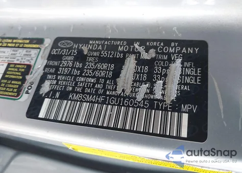 2016 Hyundai Santa Fe Se z USA, uszkodzony, nr VIN KM8SM4HF1GU160545